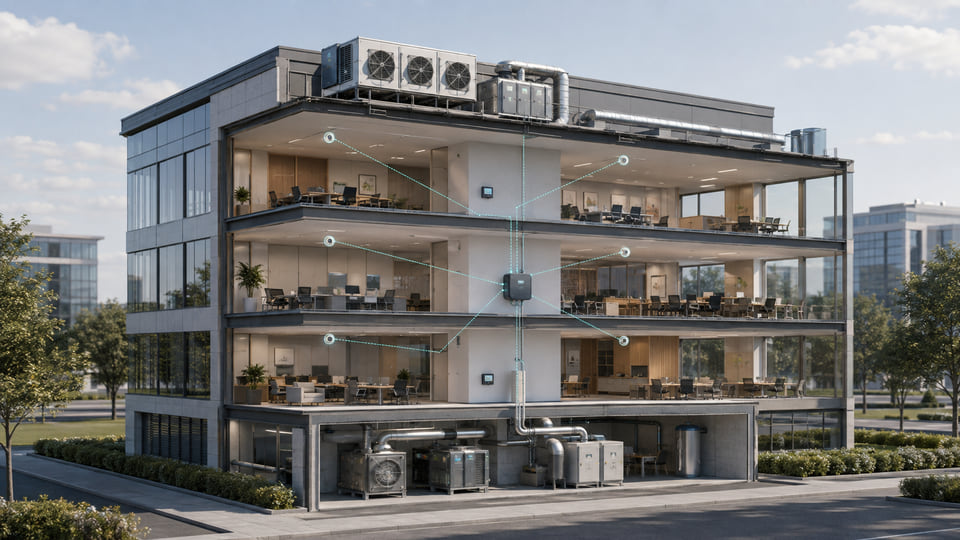 Concept illustration of an office building cutaway with HVAC equipment and connected monitoring points.