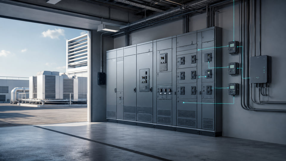 Concept illustration of electrical cabinets, energy meters and an edge gateway, with rooftop building equipment beyond.