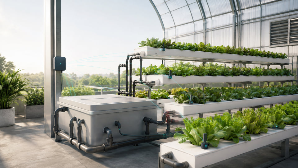 Concept illustration of hydroponic lettuce channels, a closed nutrient reservoir, sensors and a connected gateway.